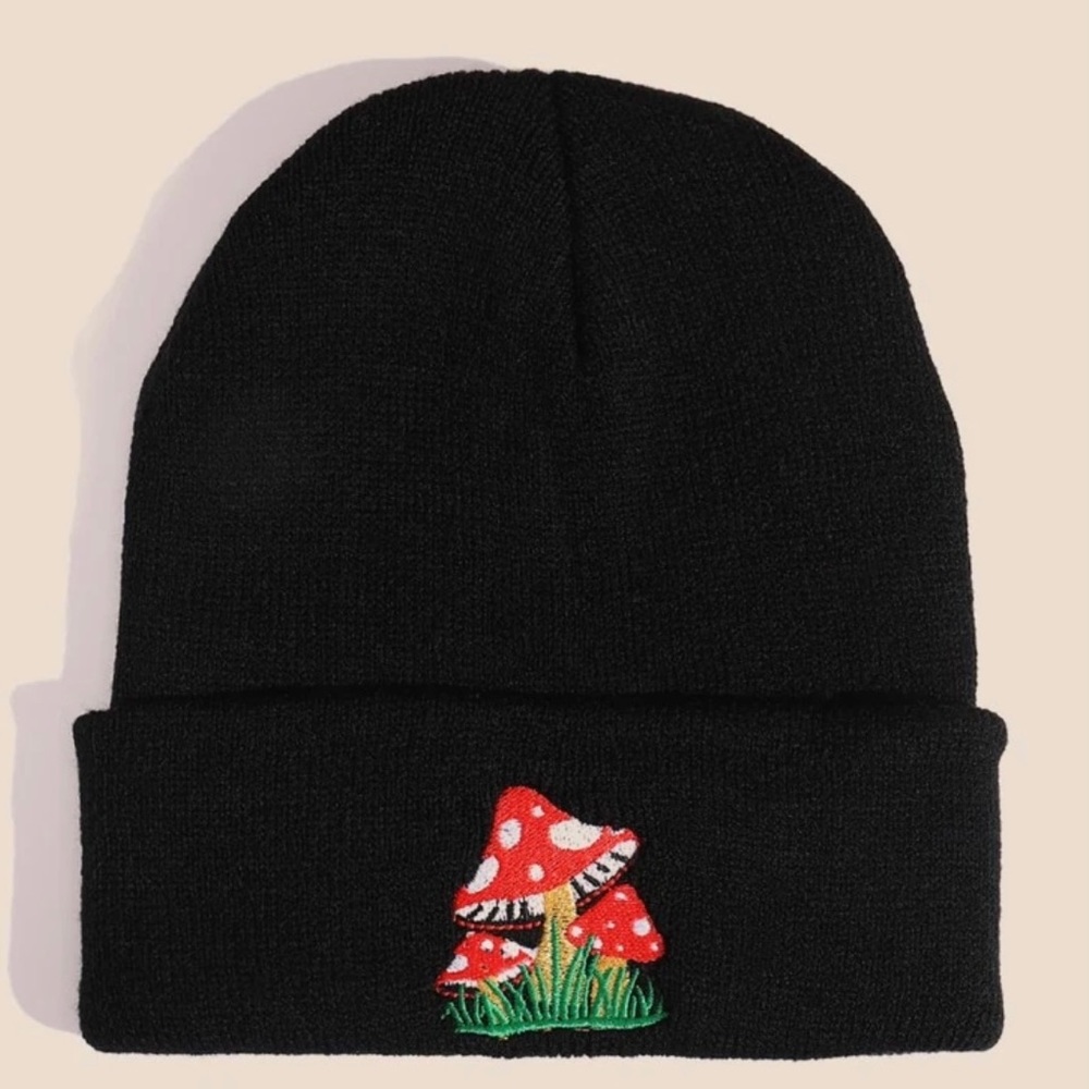 Mushroom Embroidered Beanie Embroidery Patch Hat Skull Cap Black Magic Shroom - Picture 3 of 3